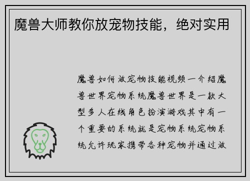 魔兽大师教你放宠物技能，绝对实用