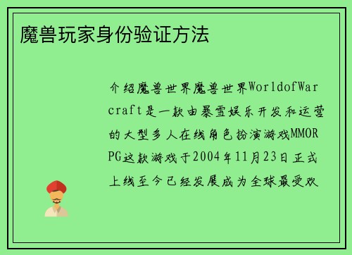 魔兽玩家身份验证方法